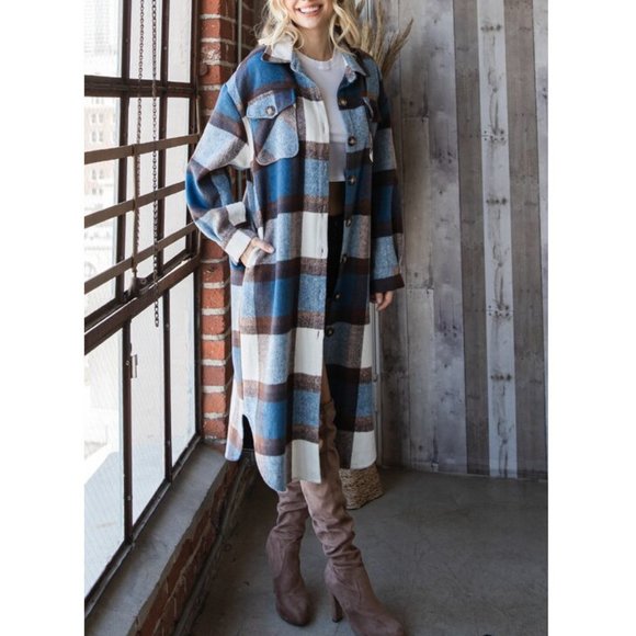 Plaid Oversized Long Shirt Jacket Shacket Coat - Picture 4 of 7